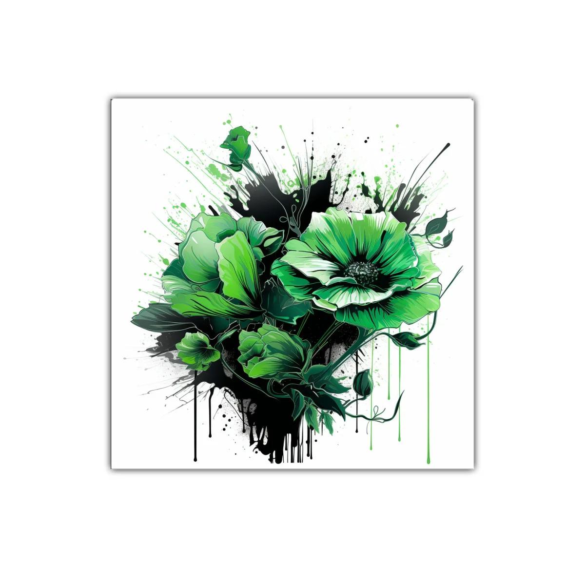 Cuadro decorativo con flores verdes vibrantes y toque abstracto — imagen principal