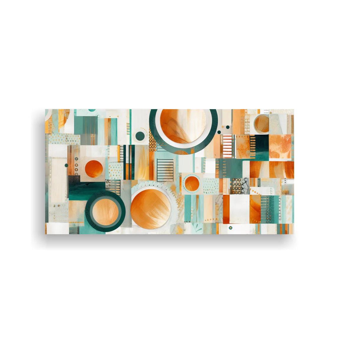 Cuadro geométrico con círculos naranjas y bloques rectangulares