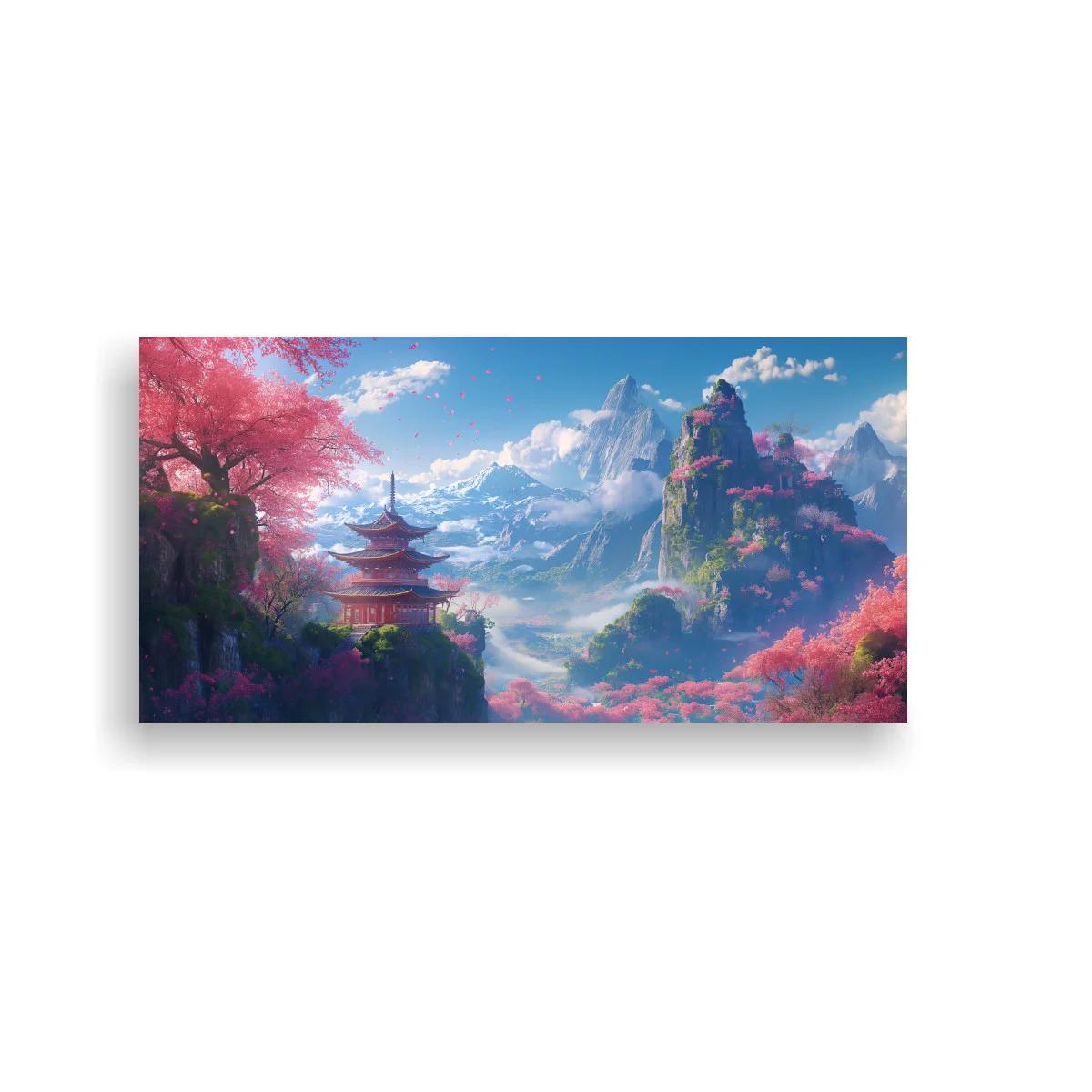 Cuadro paisaje asiático con pagoda rodeada de niebla y picos altos