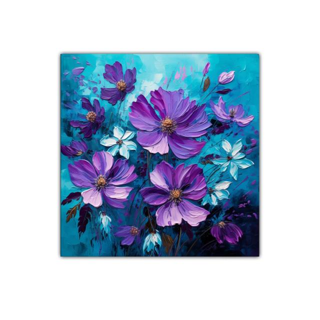 Cuadro floral con flores en tonos violetas y turquesa