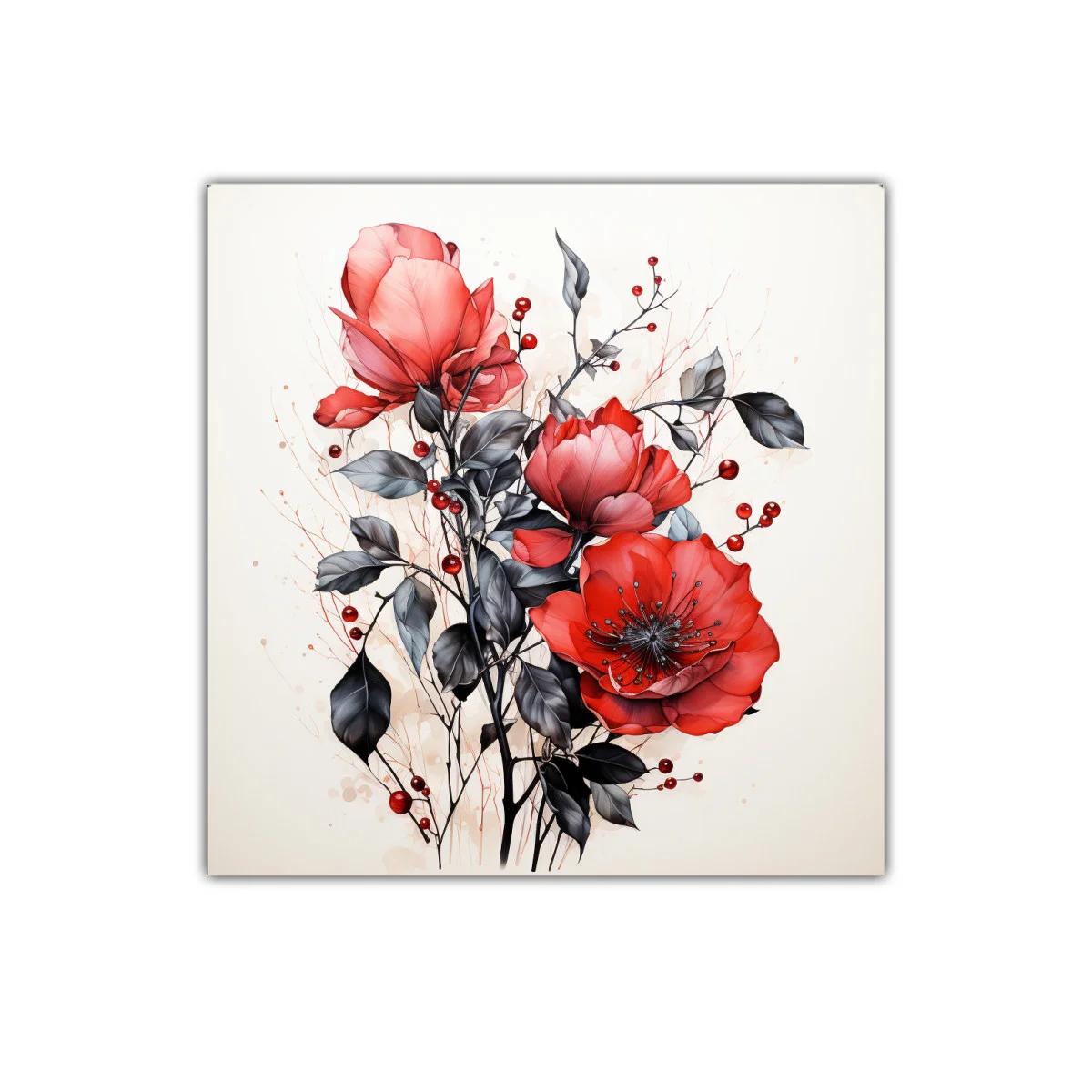 Cuadro decorativo con flores rojas y hojas en tonos grises — imagen principal