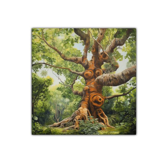 Majestuoso árbol en bosque verde y luces cálidas