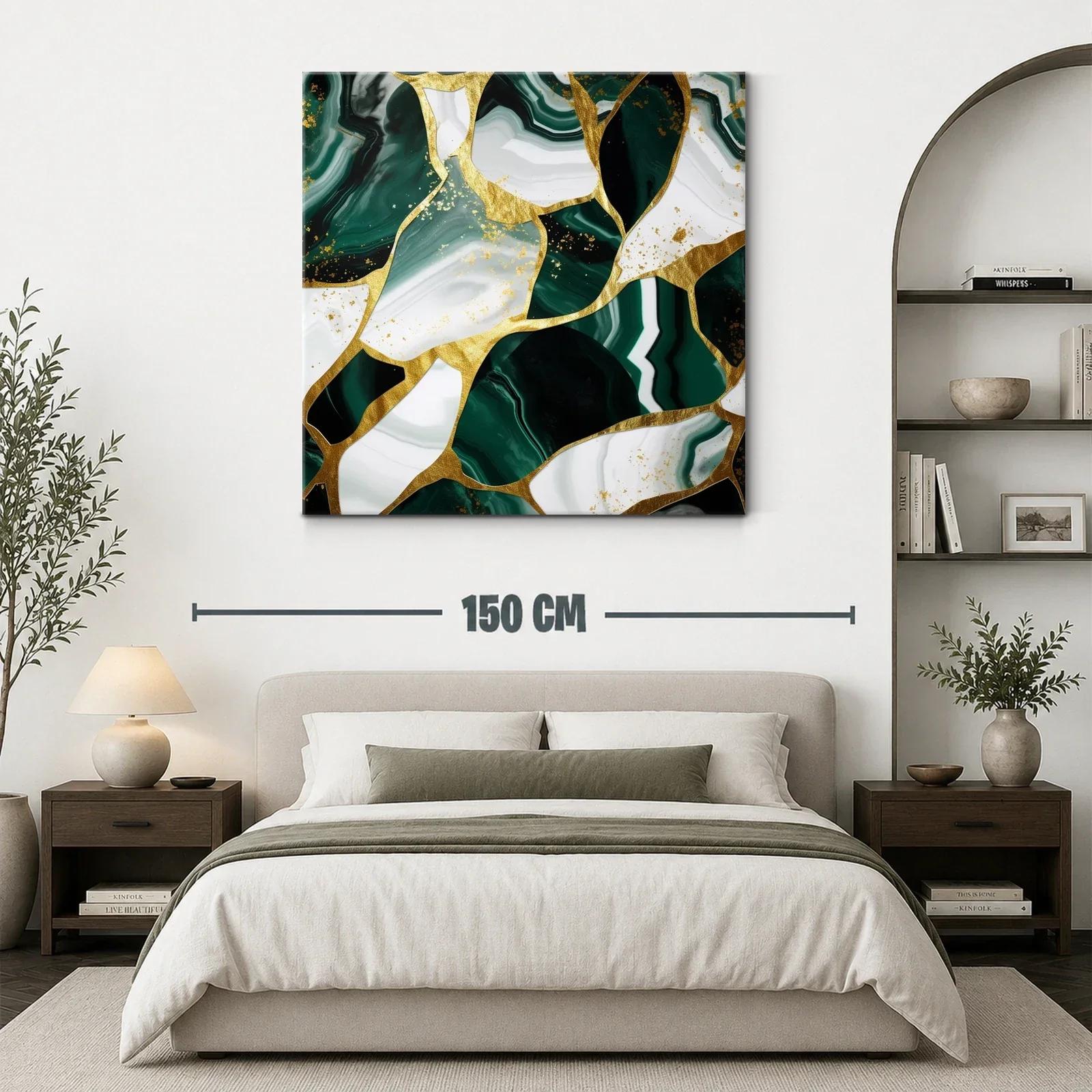 Cuadro abstracto con vetas verdes y detalles dorados — miniatura 3