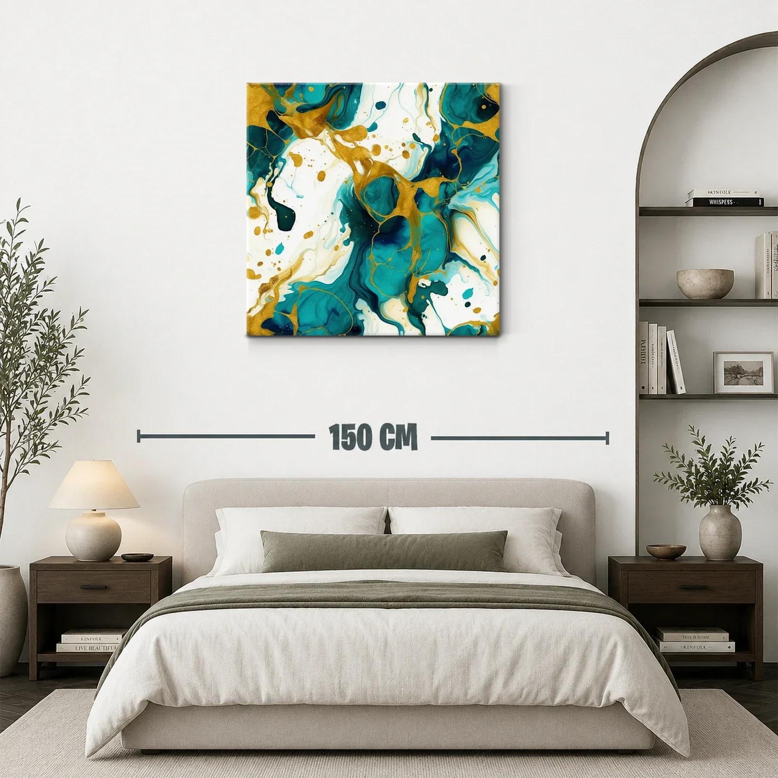 Cuadro abstracto con tonos turquesa y dorados vibrantes — miniatura 3