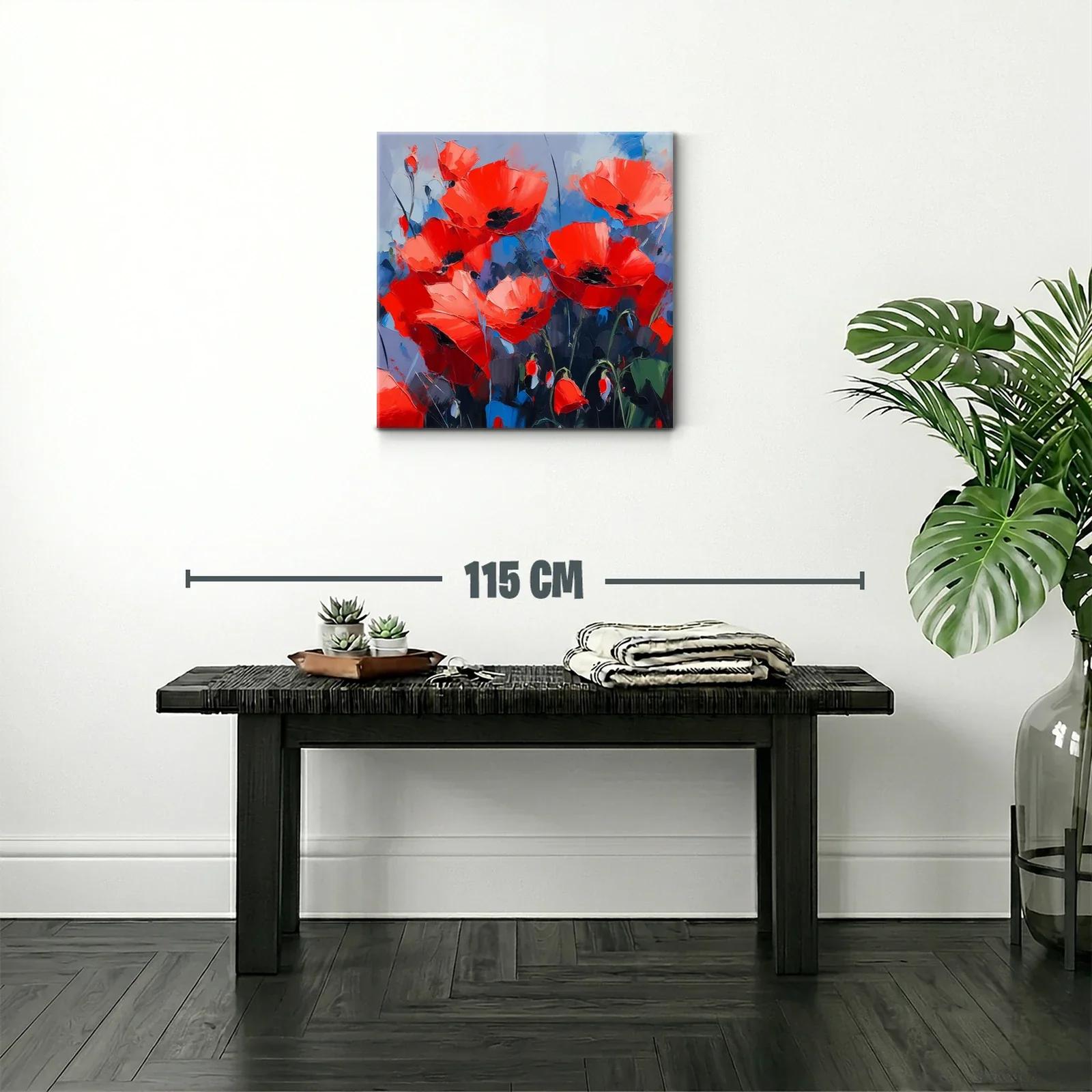 Cuadro vibrante con amapolas rojas sobre fondo azul — miniatura 2