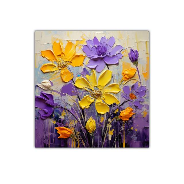 Cuadro decorativo con flores vibrantes en tonos amarillos y lilas