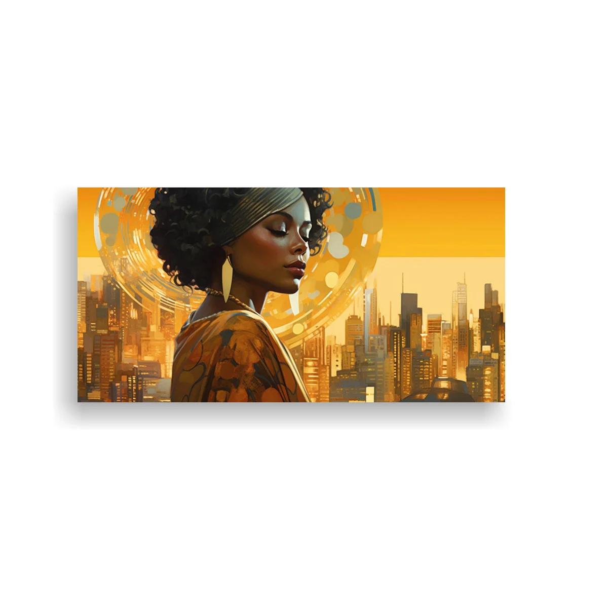 Cuadro mujer afro con halo dorado y skyline urbano — imagen principal