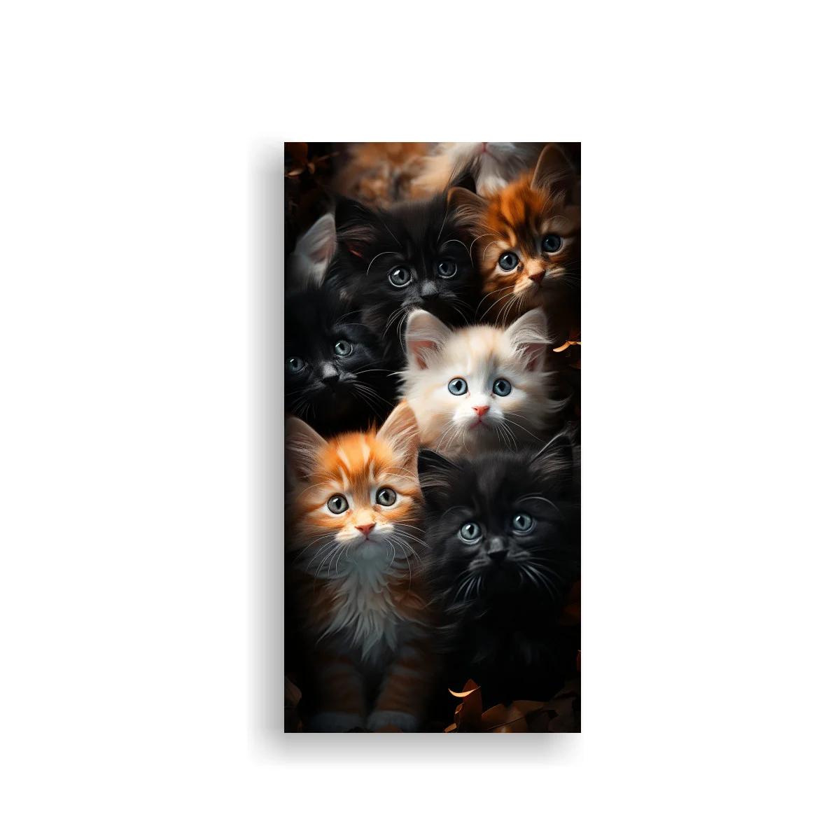 Cuadro grupo de gatitos con ojos brillantes y fondo oscuro