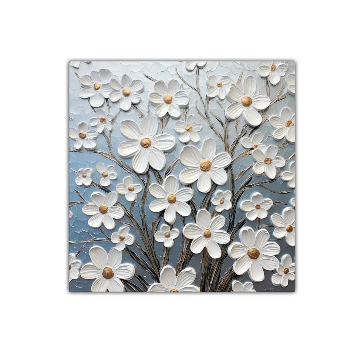 Cuadro decorativo con flores blancas sobre fondo azul