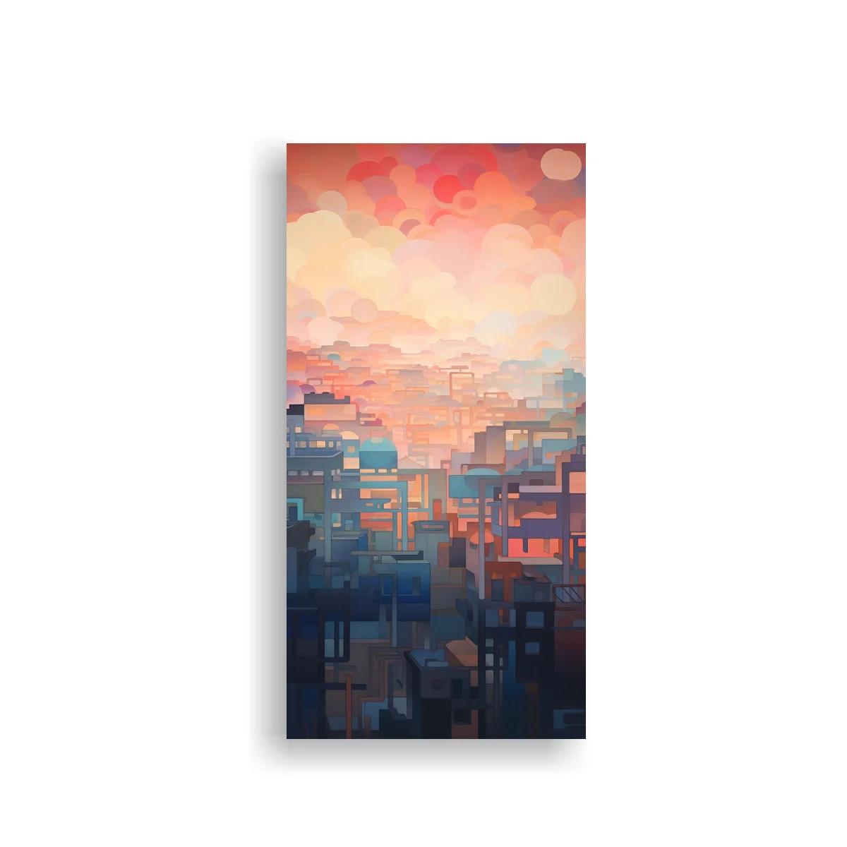 Cuadro ciudad abstracta con edificios rectangulares y cielo brumoso