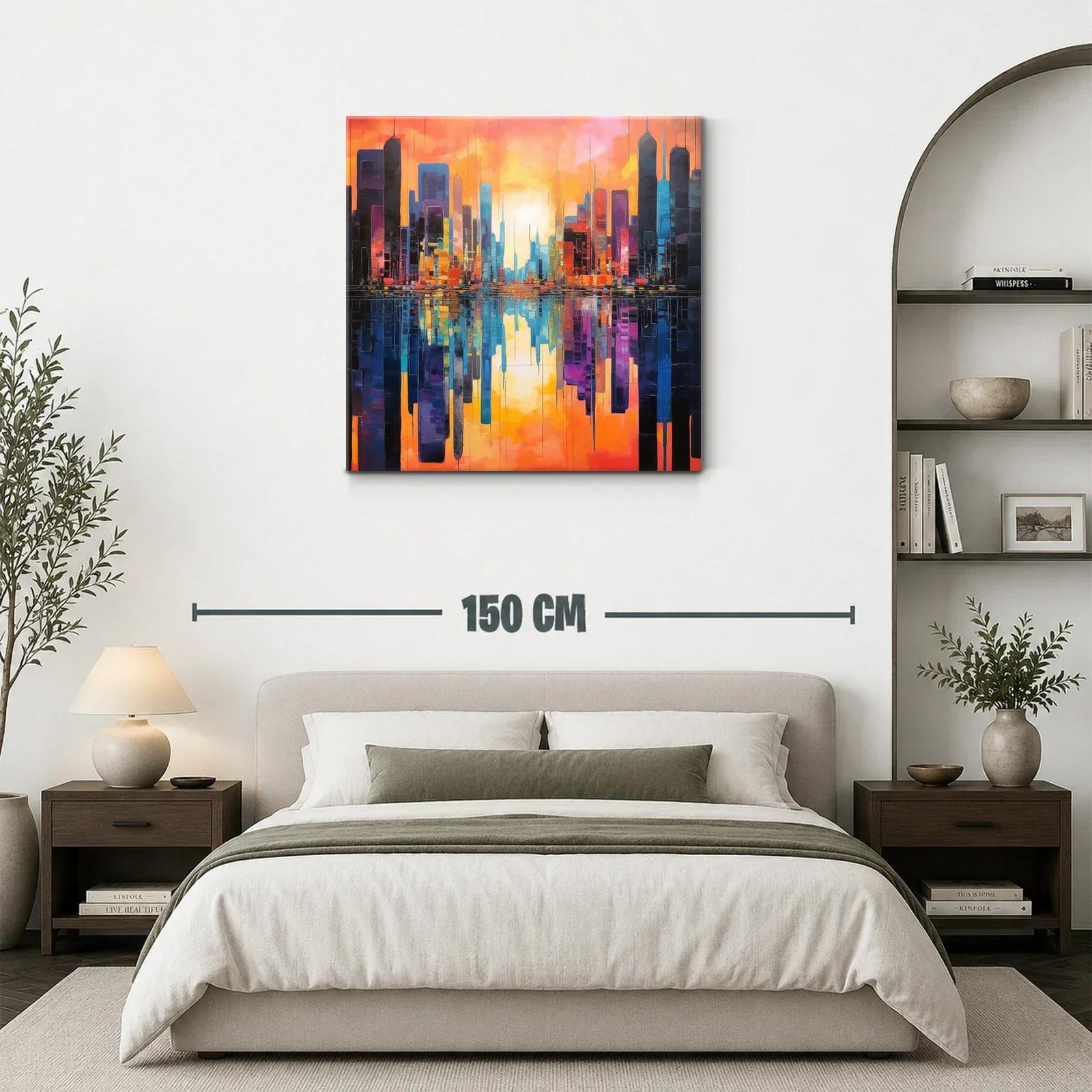 Atardecer vibrante en ciudad reflejada en agua — miniatura 3