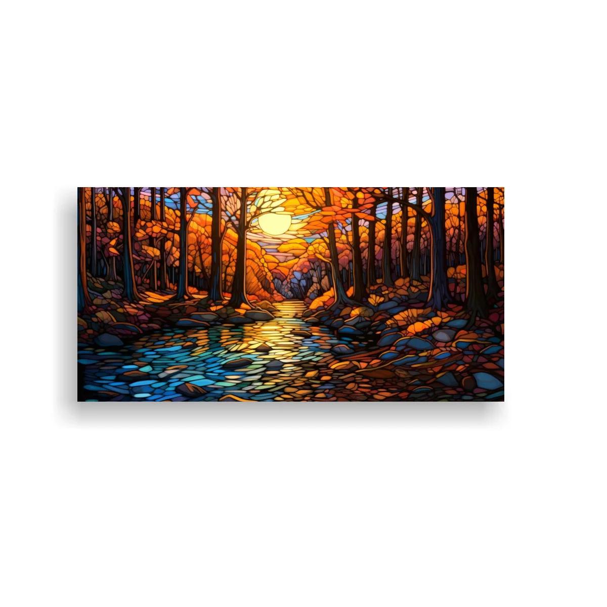 Cuadro bosque otoñal con arroyo sinuoso y sol brillante — imagen principal