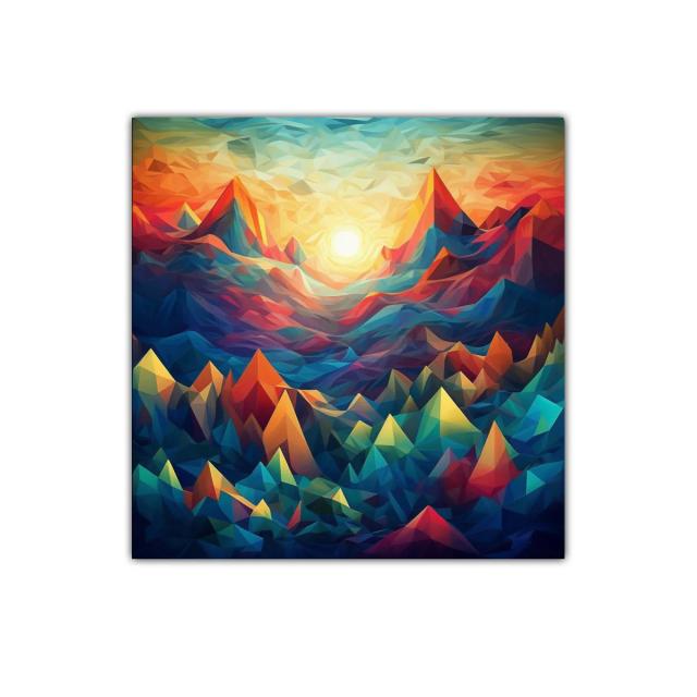 Paisaje montañoso vibrante con sol en cálidos colores