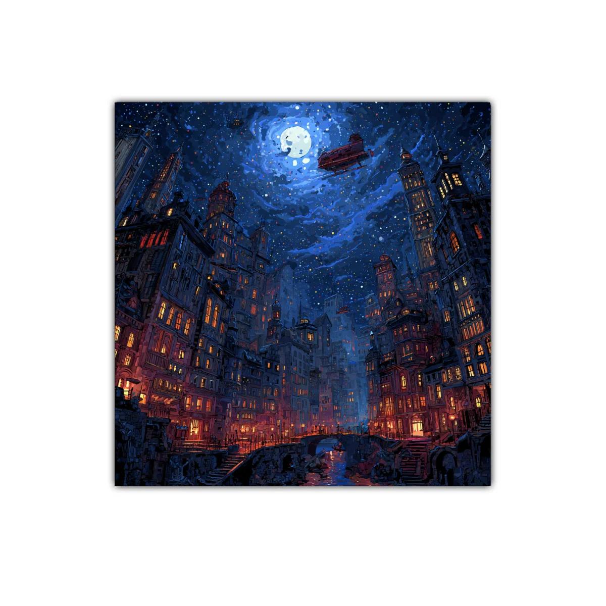 Ciudad nocturna bajo un cielo estrellado y luna llena — imagen principal