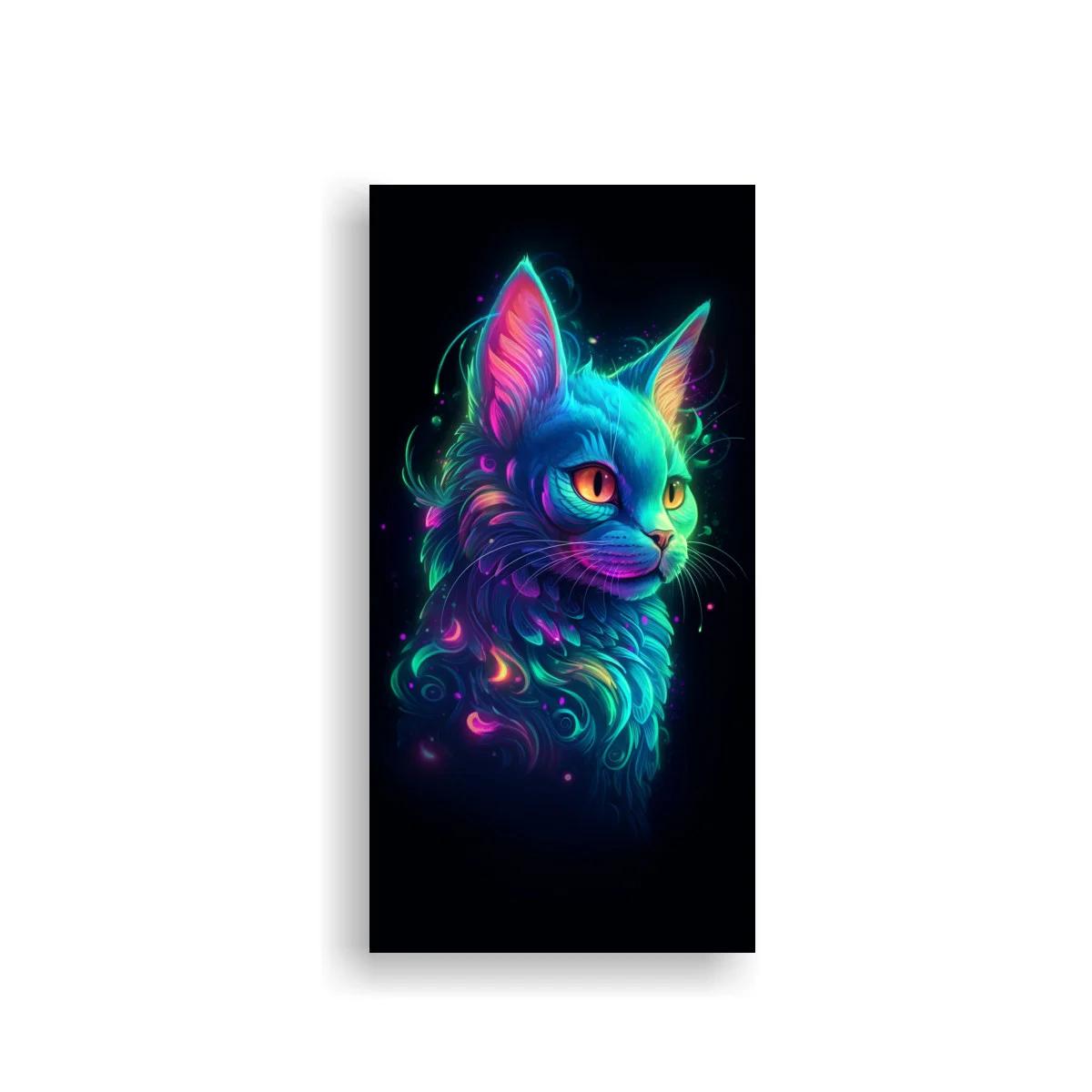 Cuadro gato de perfil con pelaje neón y remolinos luminosos