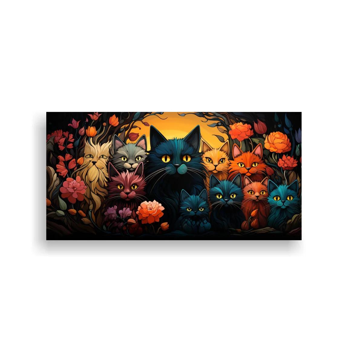 Cuadro grupo de gatos entre flores con luz cálida