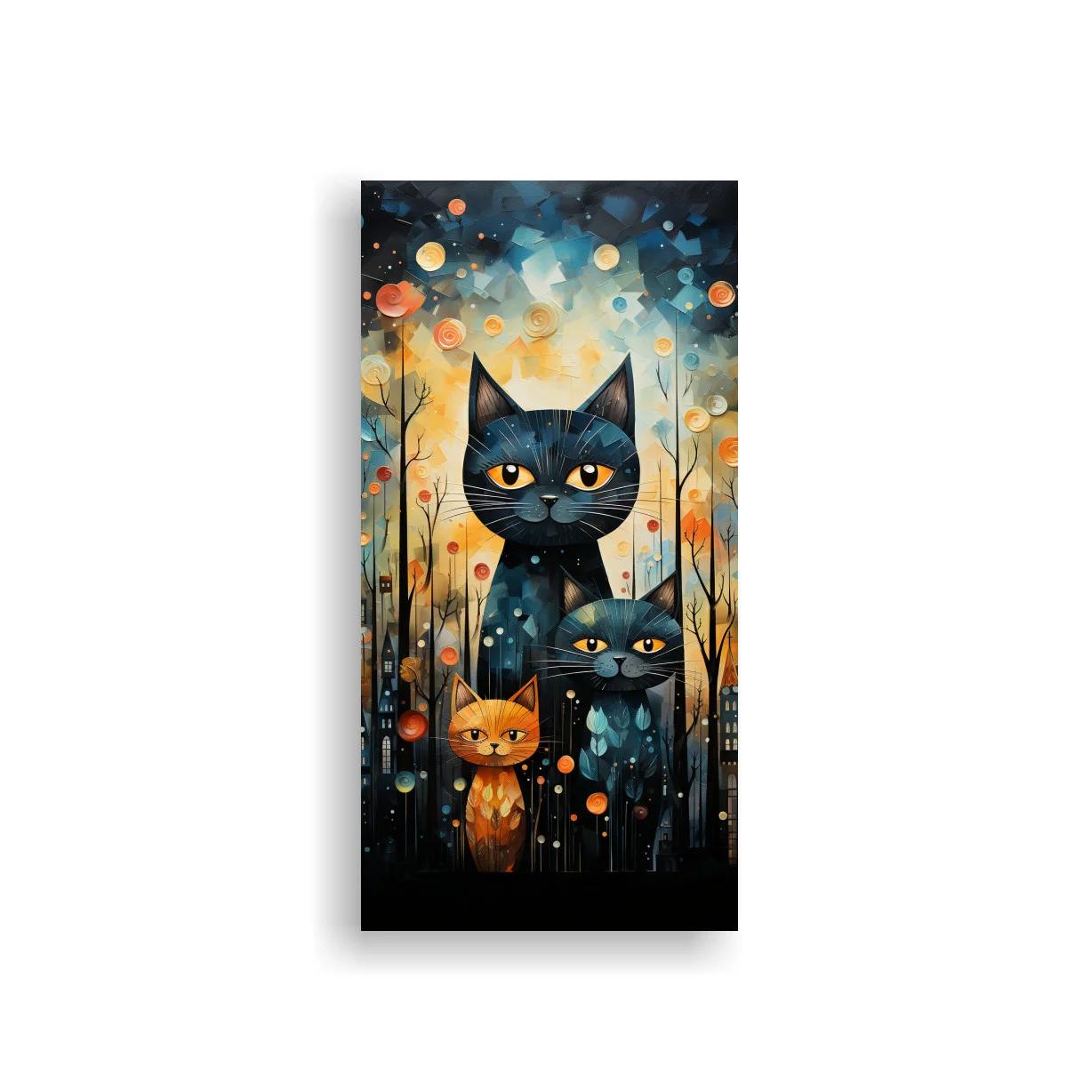 Cuadro gato negro con dos gatitos entre flores redondas