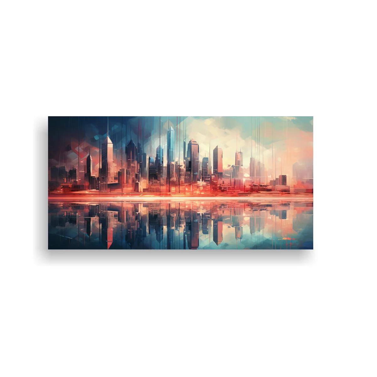 Cuadro skyline urbano con reflejo simétrico y luz cálida