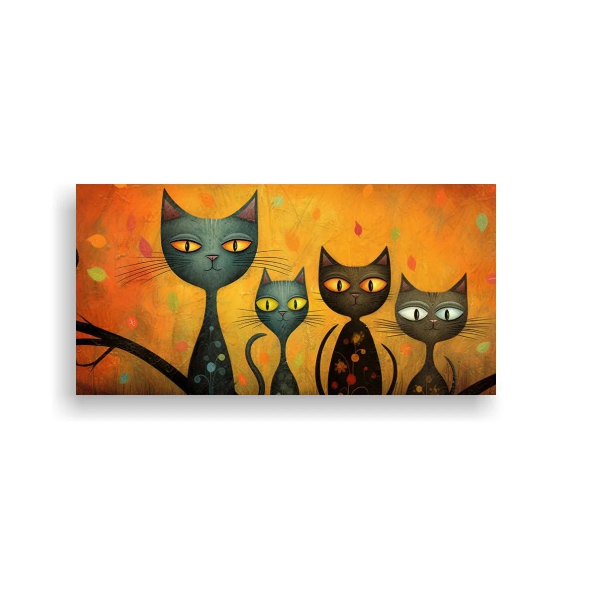 Cuadro cuatro gatos negros con ramas curvas — imagen principal