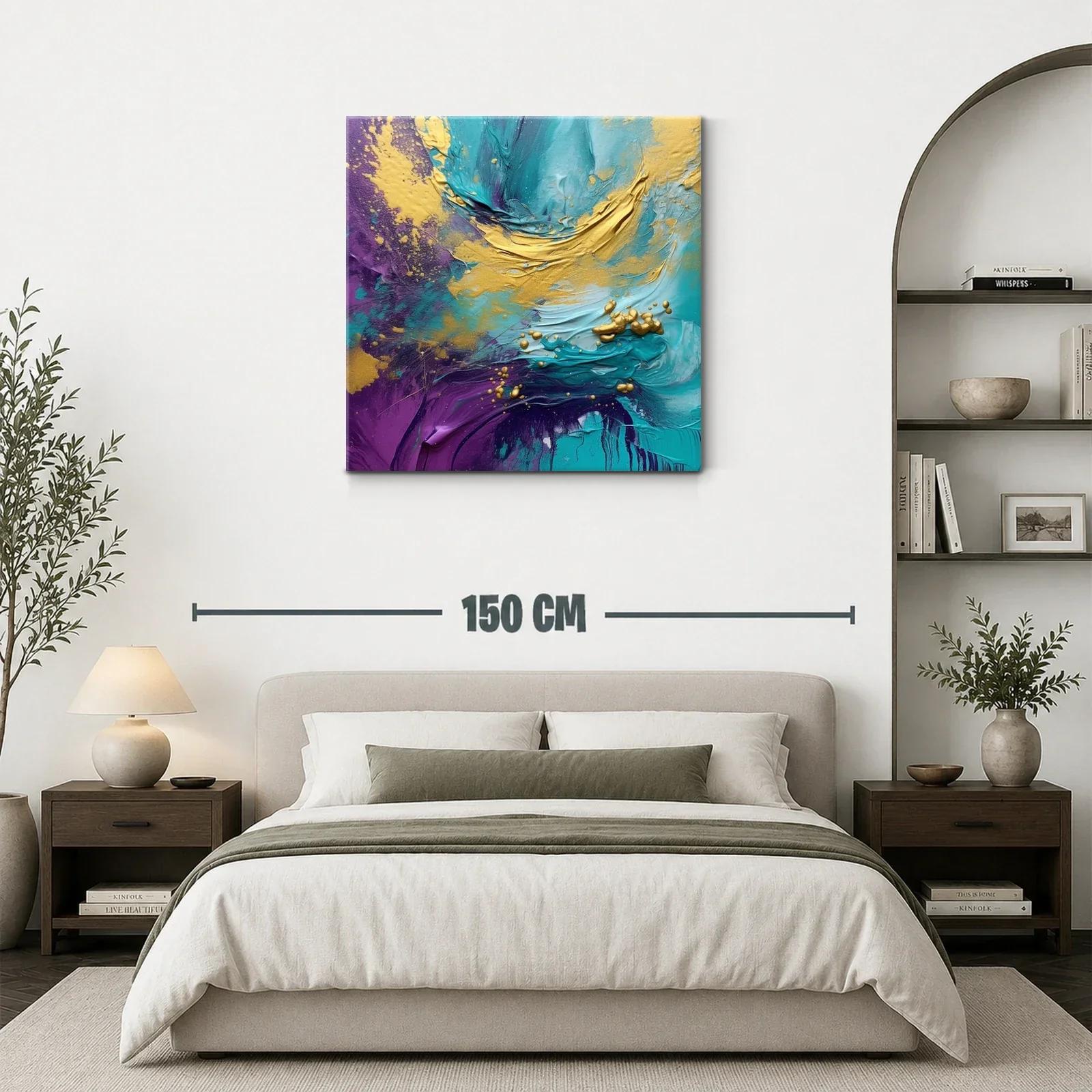 Cuadro abstracto vibrante en tonos turquesa y dorado — miniatura 3