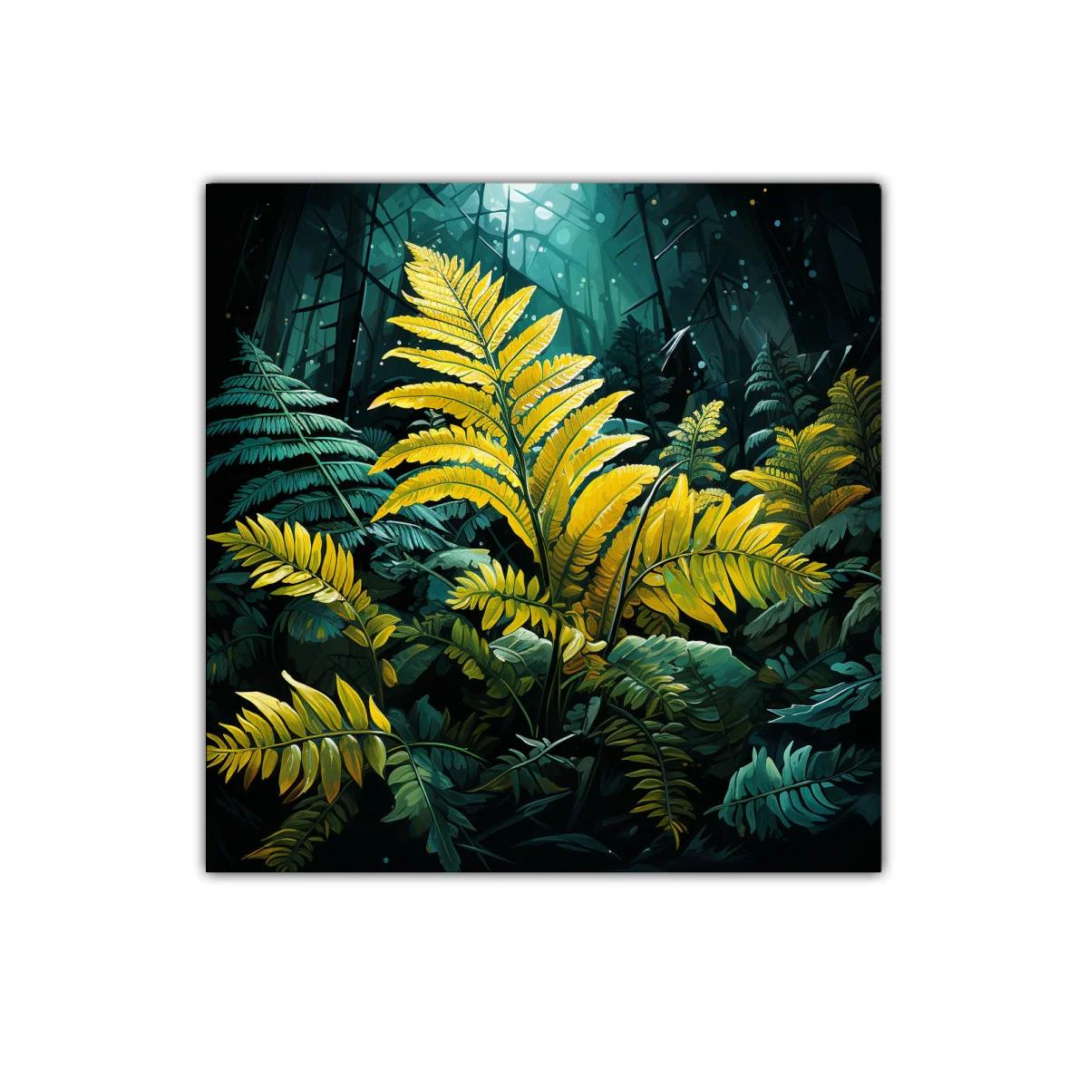 Hojas amarillas destacadas en selva oscura y luminosa — imagen principal