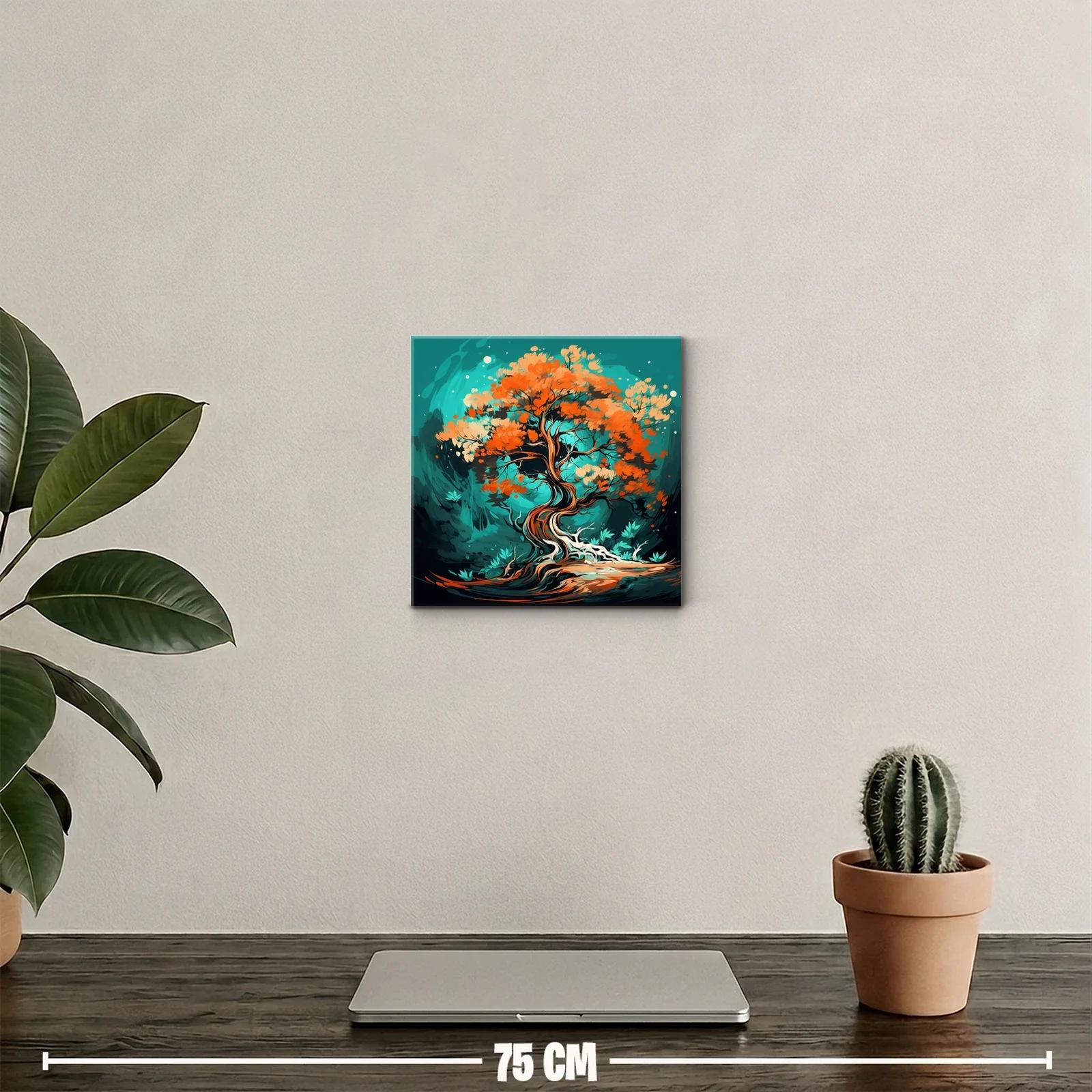 Árbol Abstracto con Hojas en Tonos Cálidos y Fondo Turquesa — miniatura 2