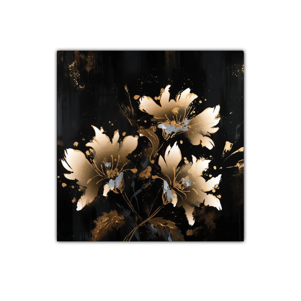 Cuadro elegante con flores doradas sobre fondo negro intenso — imagen principal