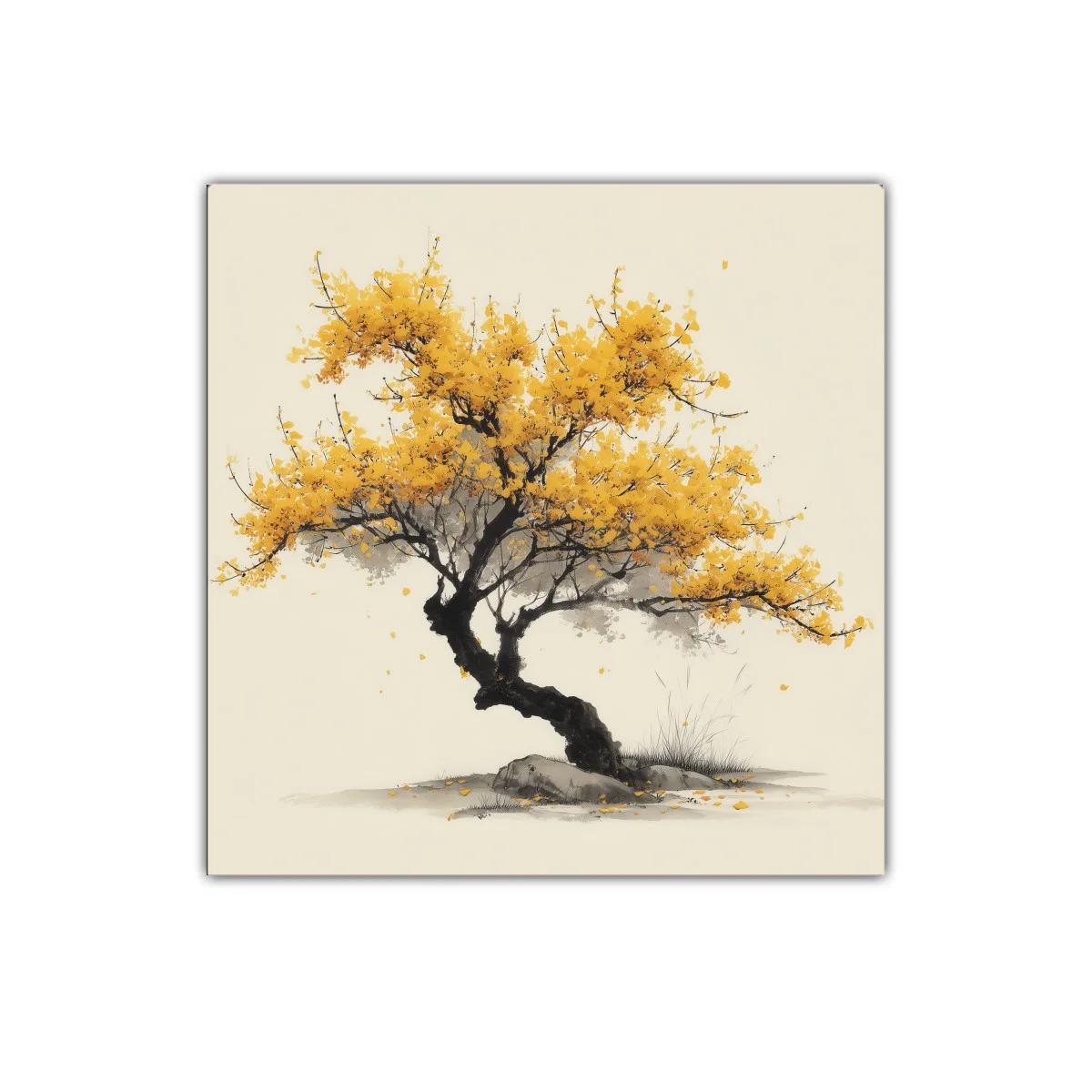 Árbol decorativo con hojas doradas y tronco retorcido