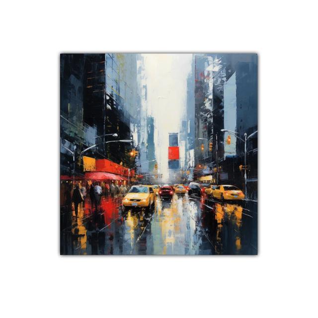 Escena urbana vibrante de ciudad bajo la lluvia con taxis amarillos