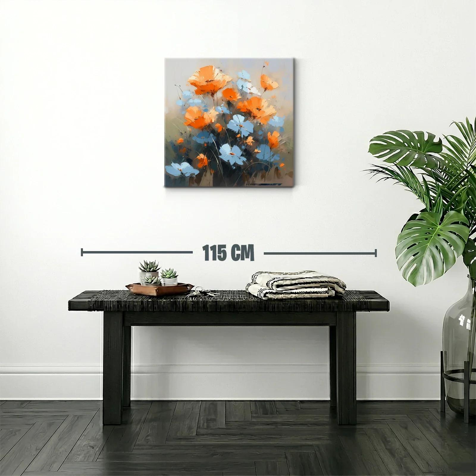 Cuadro moderno con flores naranjas y azules vibrantes — miniatura 2