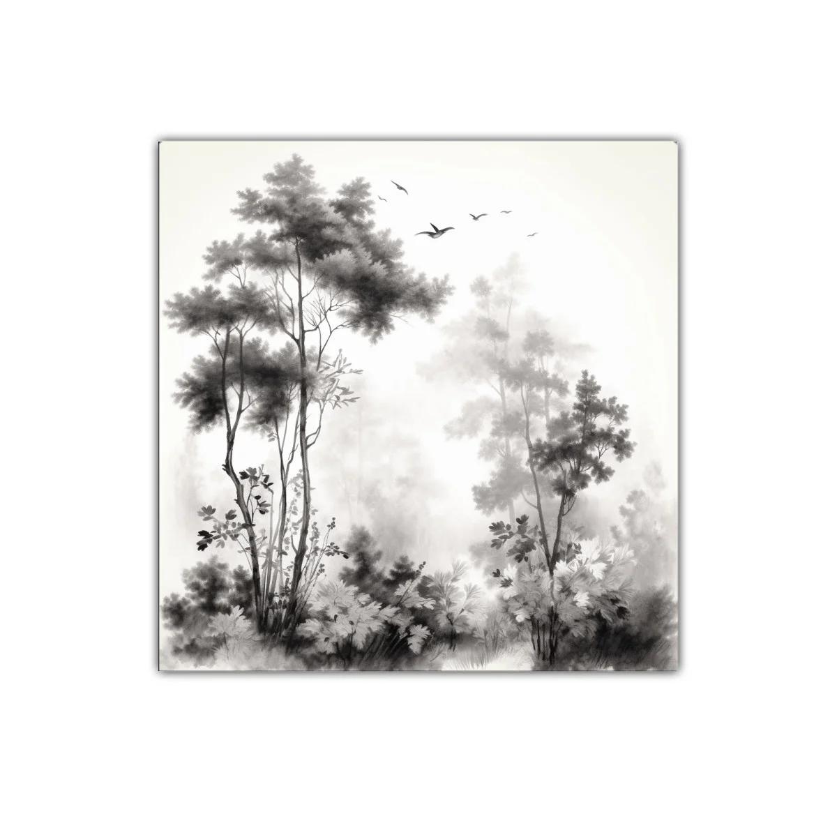Paisaje sereno con árboles y aves en tonos neutros