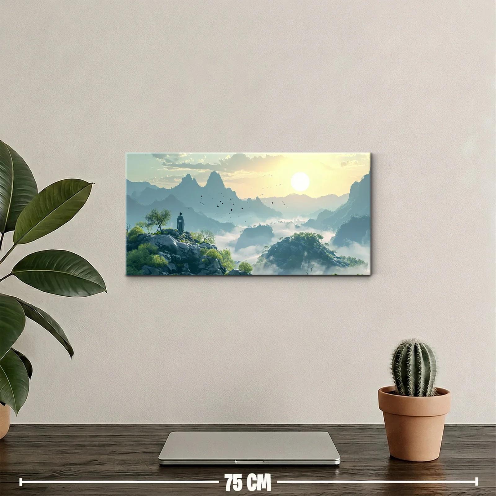 Cuadro paisaje de montañas con niebla y figura humana pequeña — miniatura 2