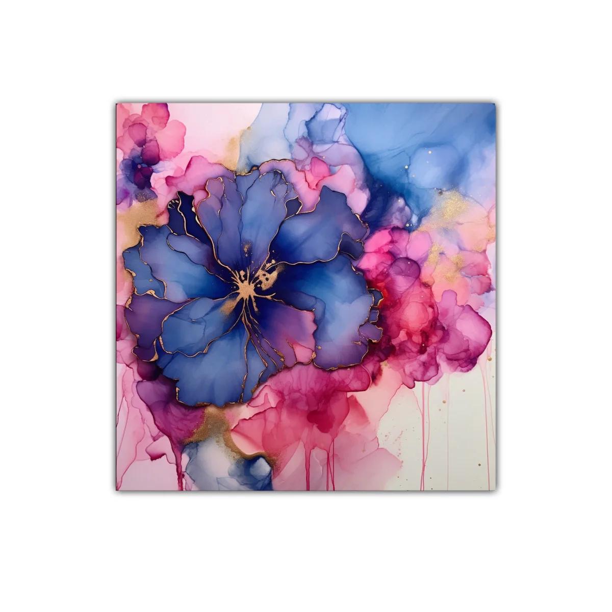 Flor abstracta en tonos azul y rosa con detalles dorados — imagen principal