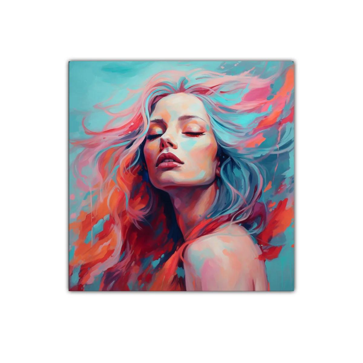 Retrato expresivo de mujer con cabello en movimiento colorido