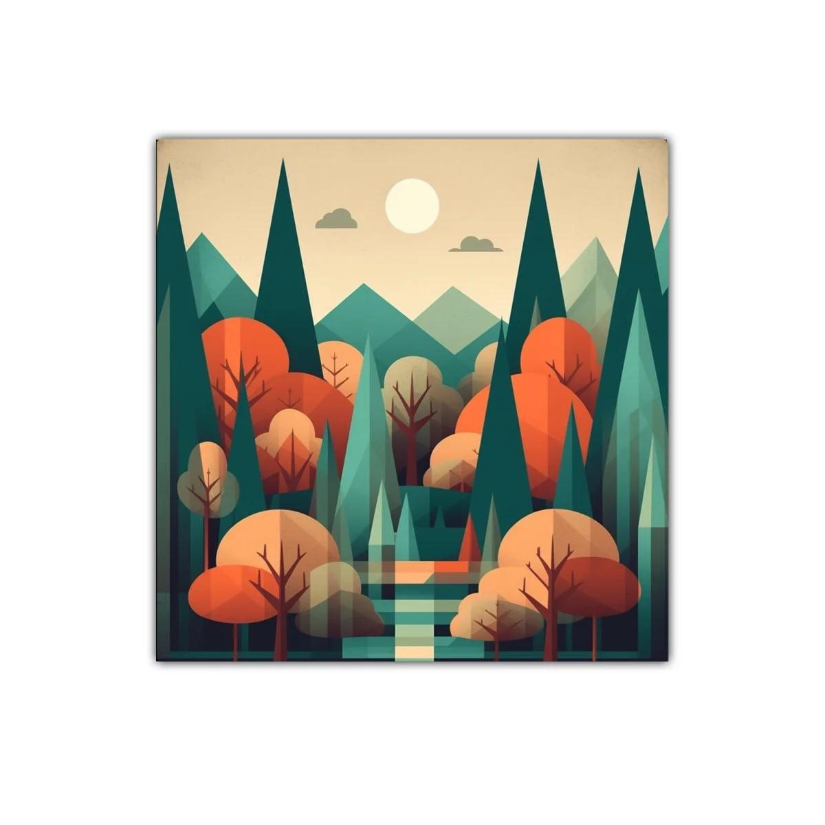 Paisaje geométrico bosque otoñal con tonos cálidos y verdes — imagen principal