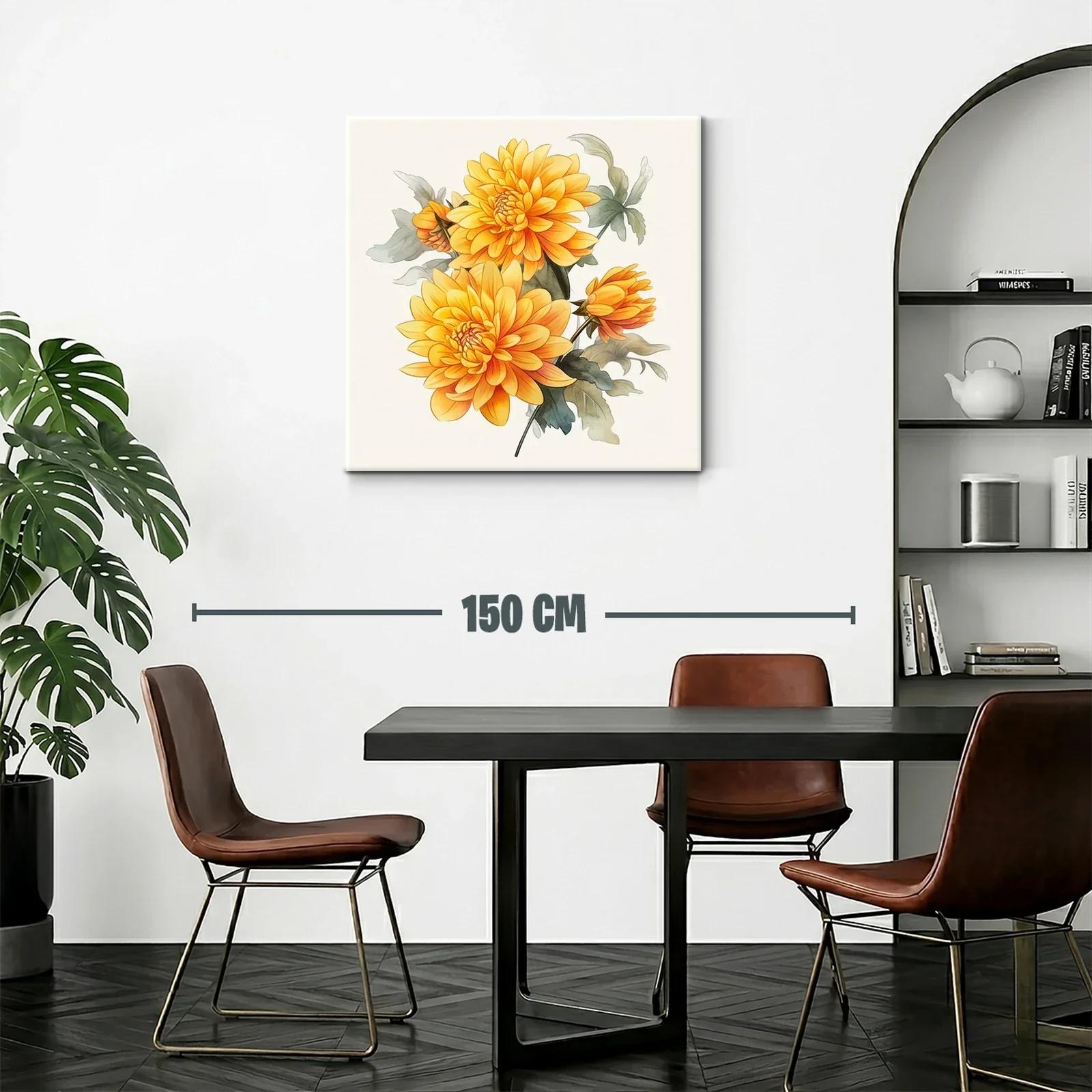 Cuadro floral con dalias en tonos cálidos y hojas verdes — miniatura 2
