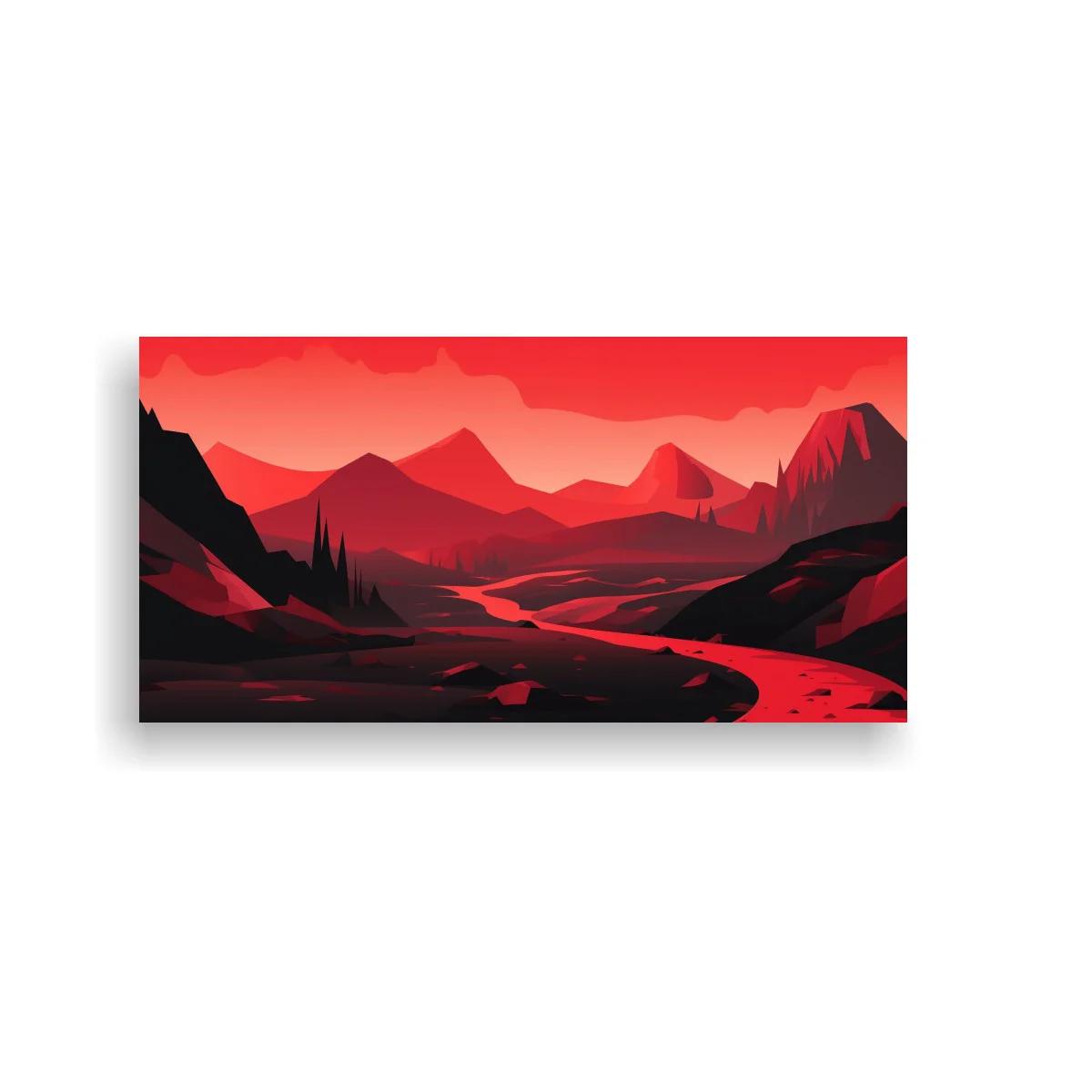 Cuadro paisaje montañoso rojo con río sinuoso brillante