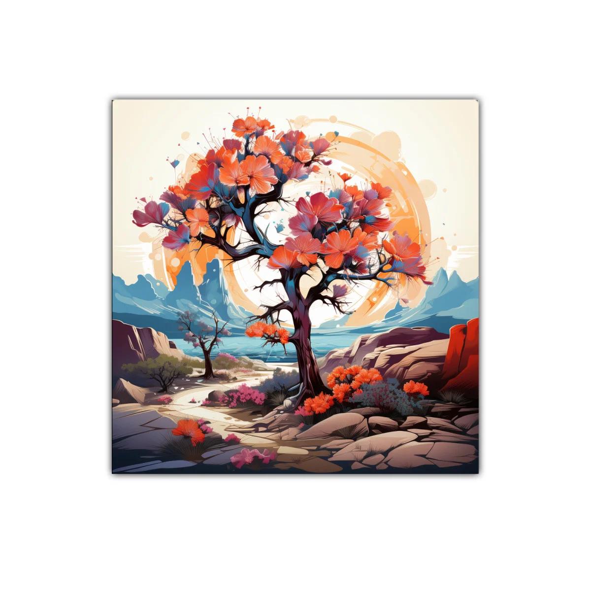 Árbol Florido con Colores Cálidos y Paisaje Montañoso — imagen principal