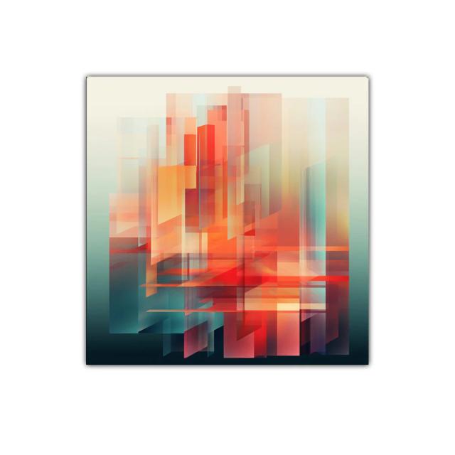 Cuadro abstracto con formas geométricas en tonos cálidos y fríos