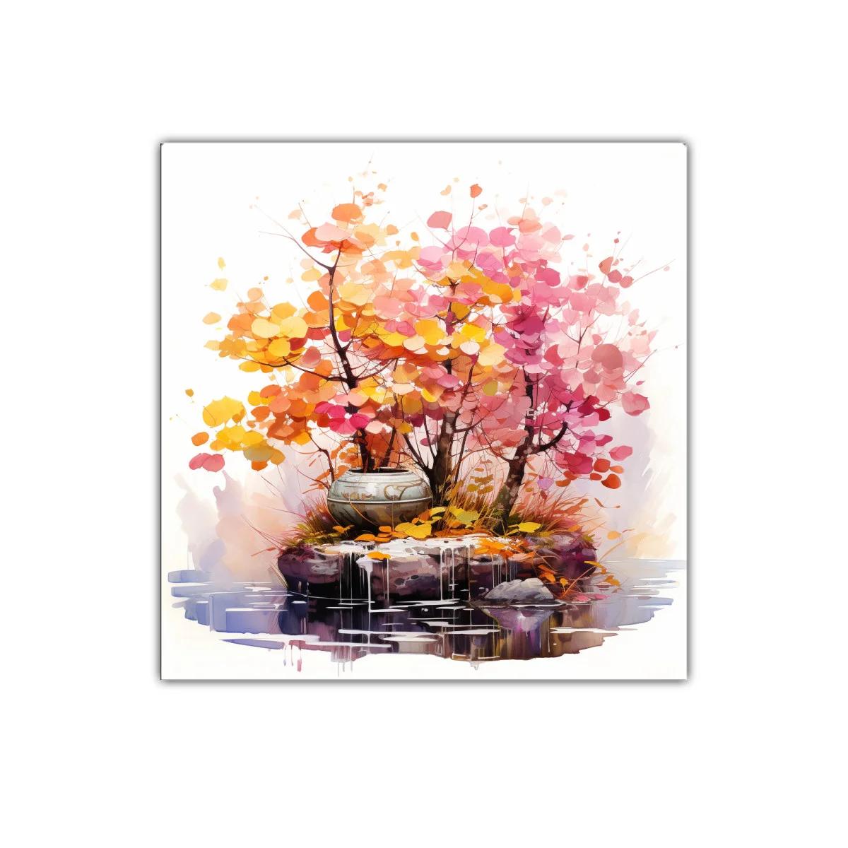 Cuadro decorativo árboles en tonos cálidos sobre agua reflejada — imagen principal