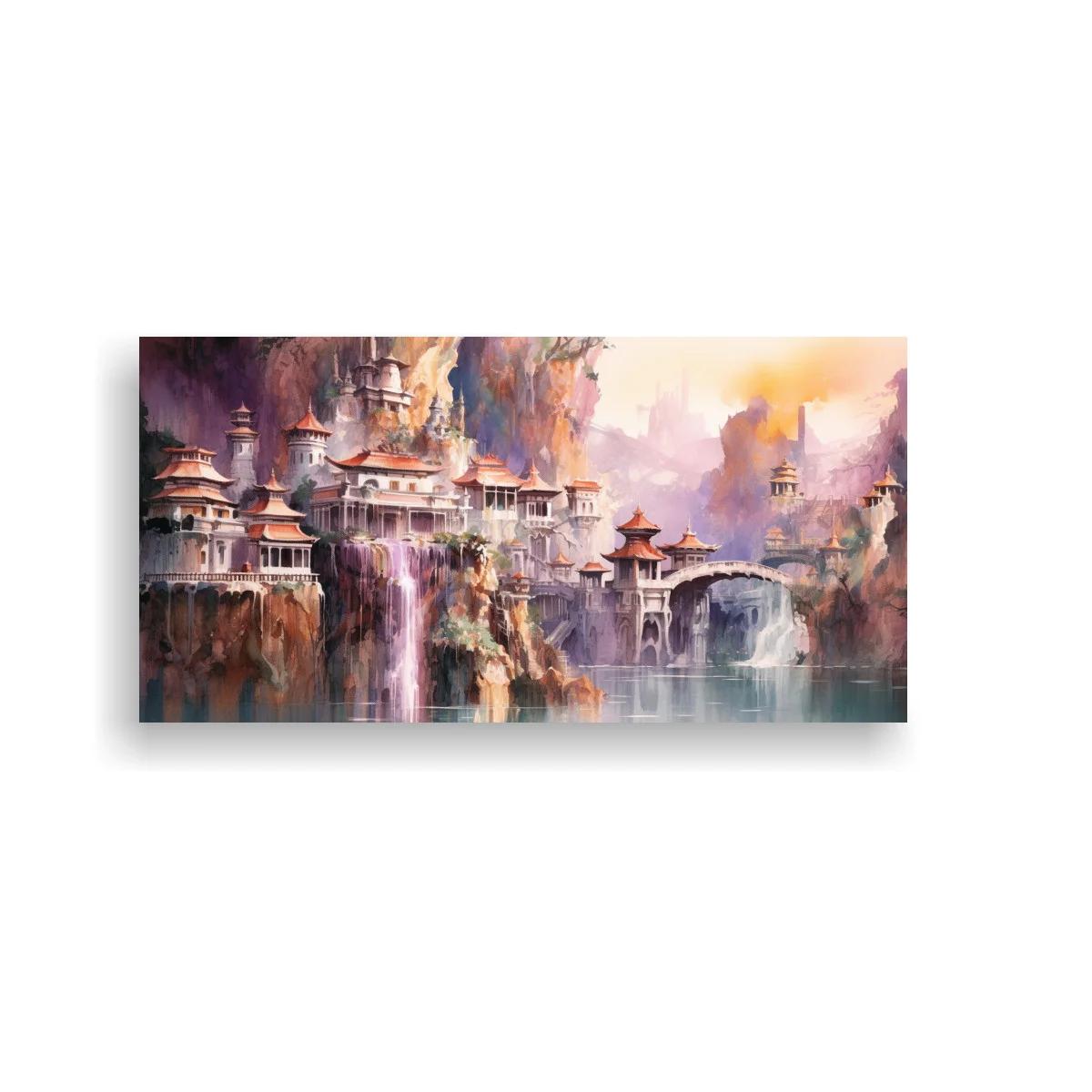 Cuadro ciudad palaciega de fantasía con cascadas y puente en arco — imagen principal