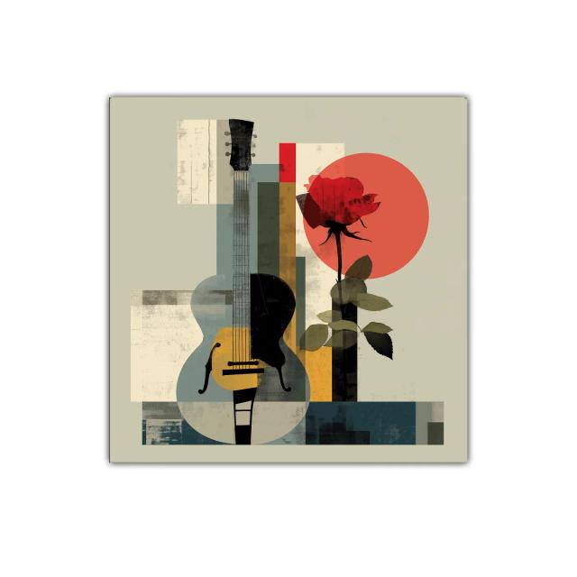 Composición abstracta con guitarra y rosa roja