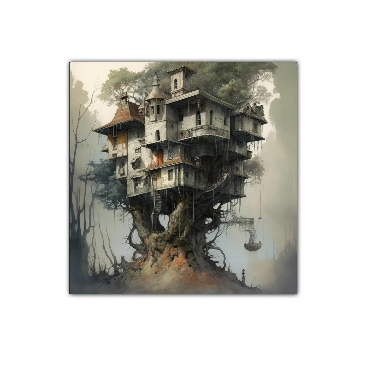 Casa de árbol fantástica en bosque nebuloso