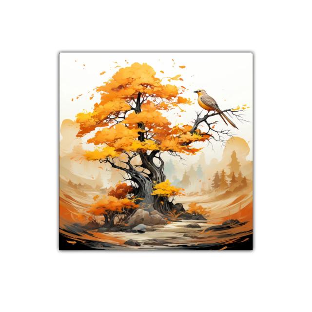 Árbol en otoño con pájaro sobre rama en paisaje sereno