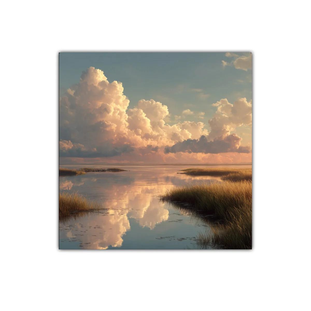 Paisaje de nubes y reflejos sobre aguas tranquilas al atardecer — imagen principal