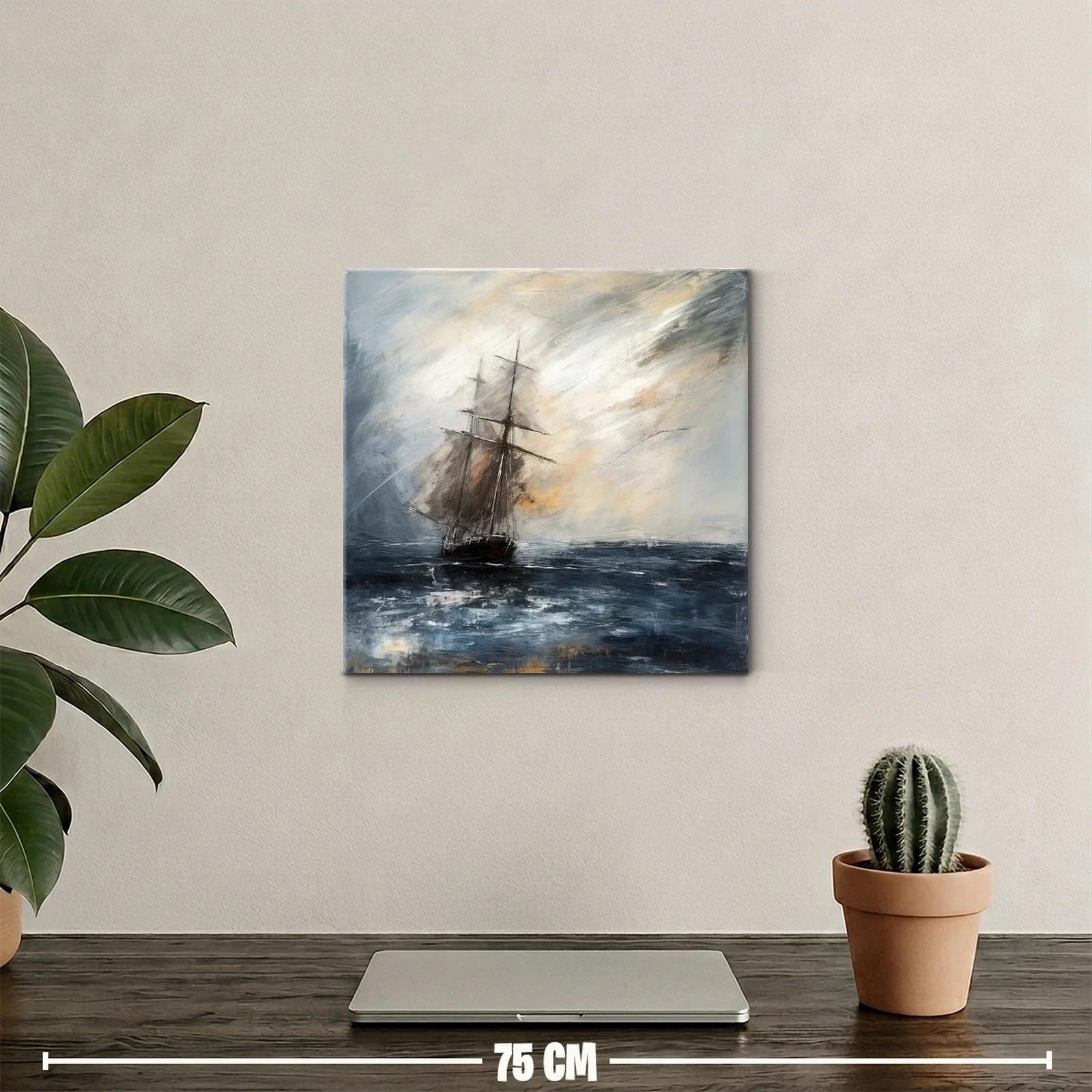 Velero en mar tempestuoso con cielo nublado y luz tenue — miniatura 2