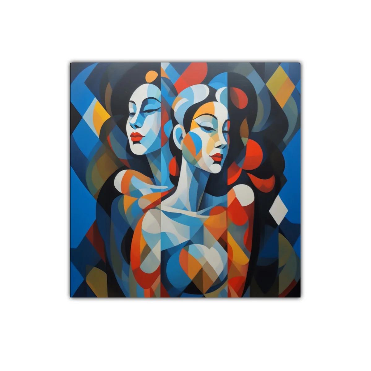 Dúo femenino en colores vibrantes y formas geométricas