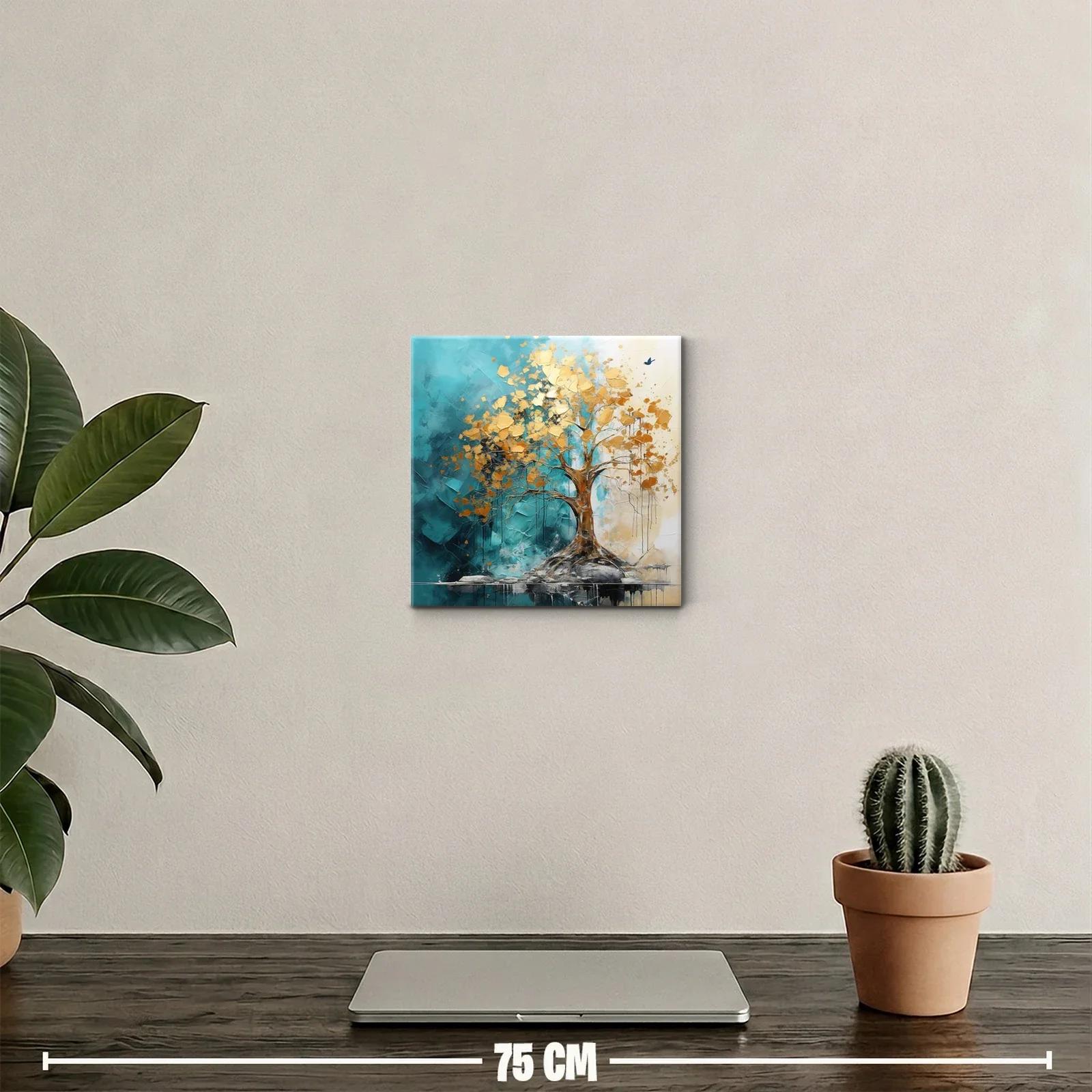 Árbol dorado sobre fondo turquesa vibrante para decoración — miniatura 2