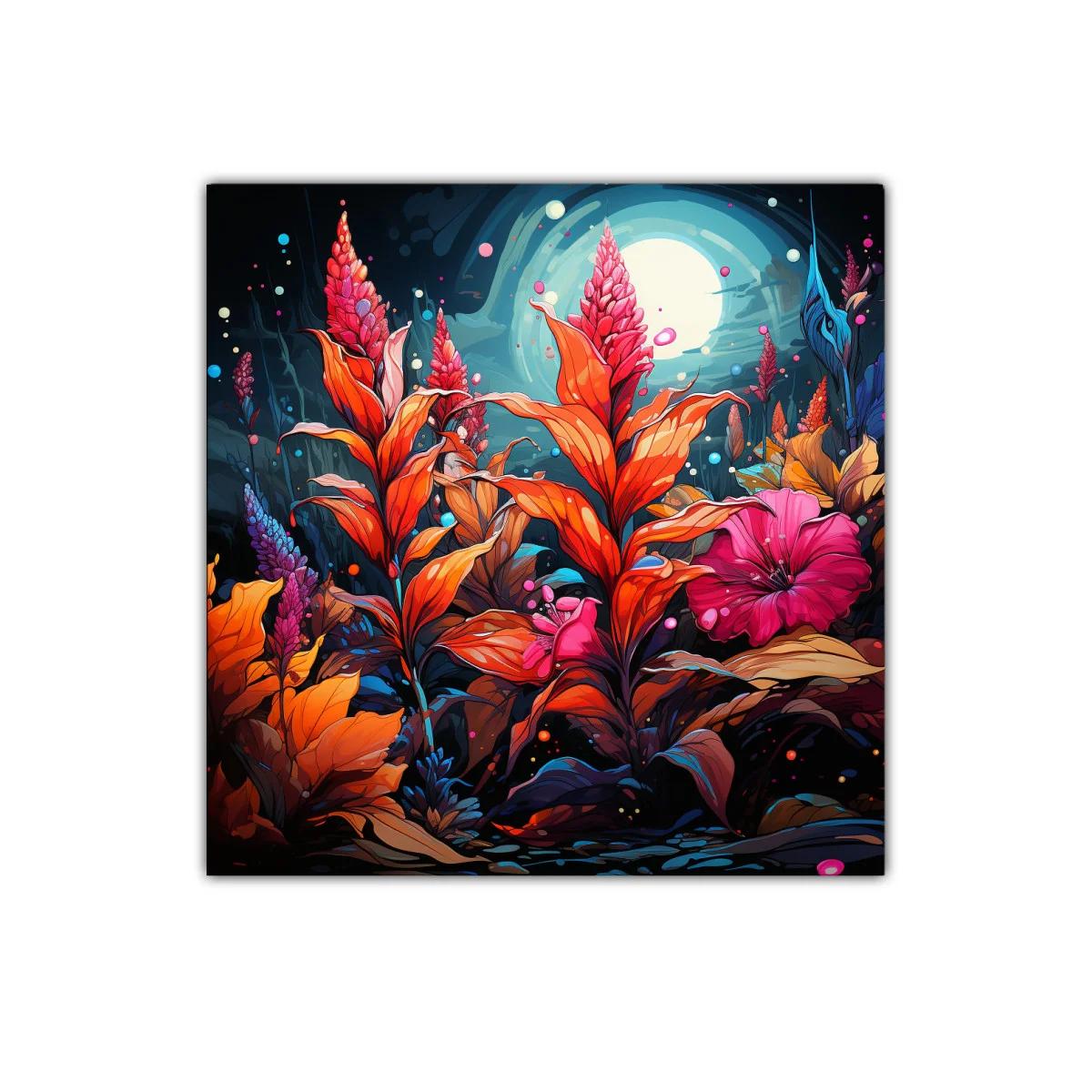 Flores vibrantes bajo una luna llena mística