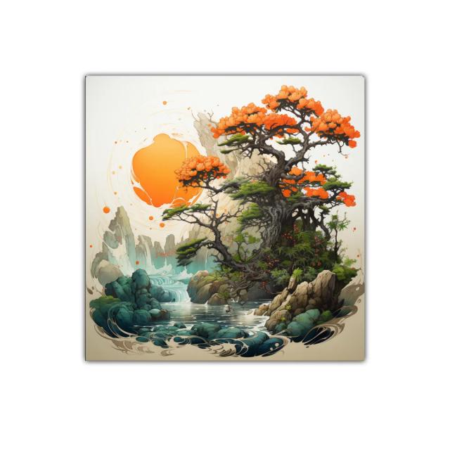 Paisaje sereno con árbol en flor y cascada mística